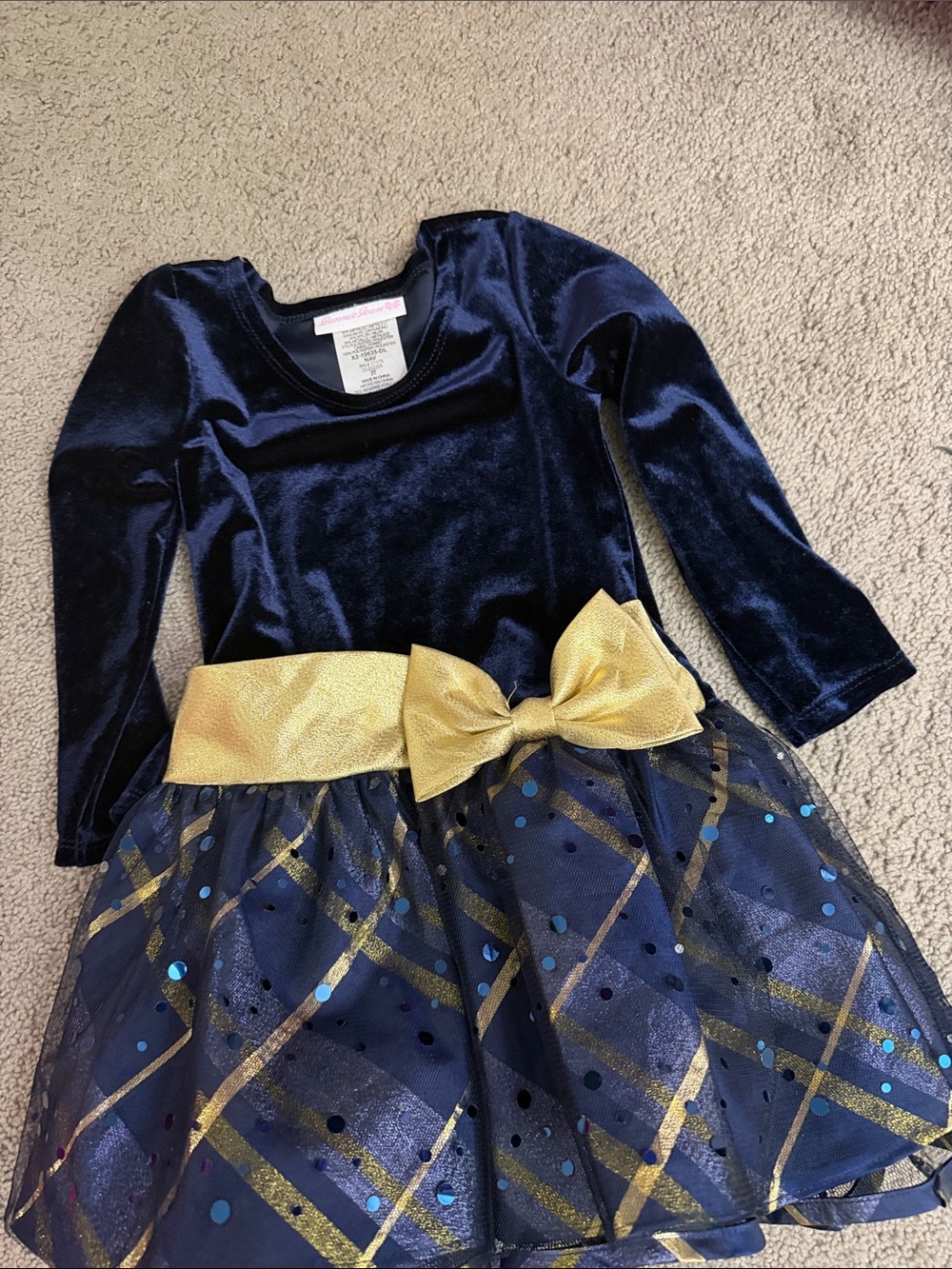 Girls' Navy Velvet and Gold Bow Party Dress